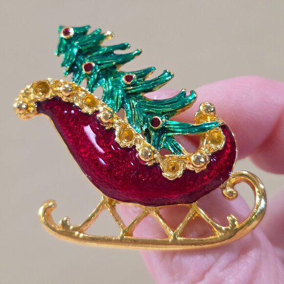 Vintage Red Enamel Sleigh Green Enamel Tree Crystal Balls Gold Christmas Pin - Picture 1 of 11